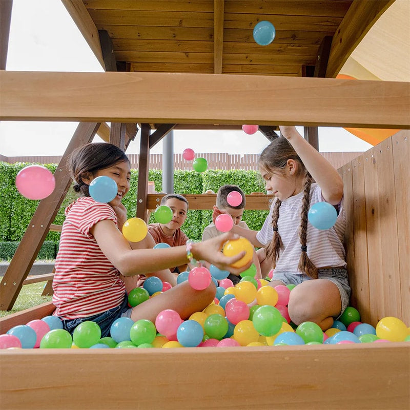 Lifespan Kids Meer Brook Play Centre with Cubby House, Triple Swing Set, Monkey Bars and Slide (Blue Slide)