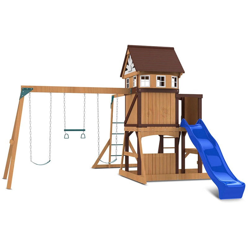 Lifespan Kids Meer Brook Play Centre with Cubby House, Triple Swing Set, Monkey Bars and Slide