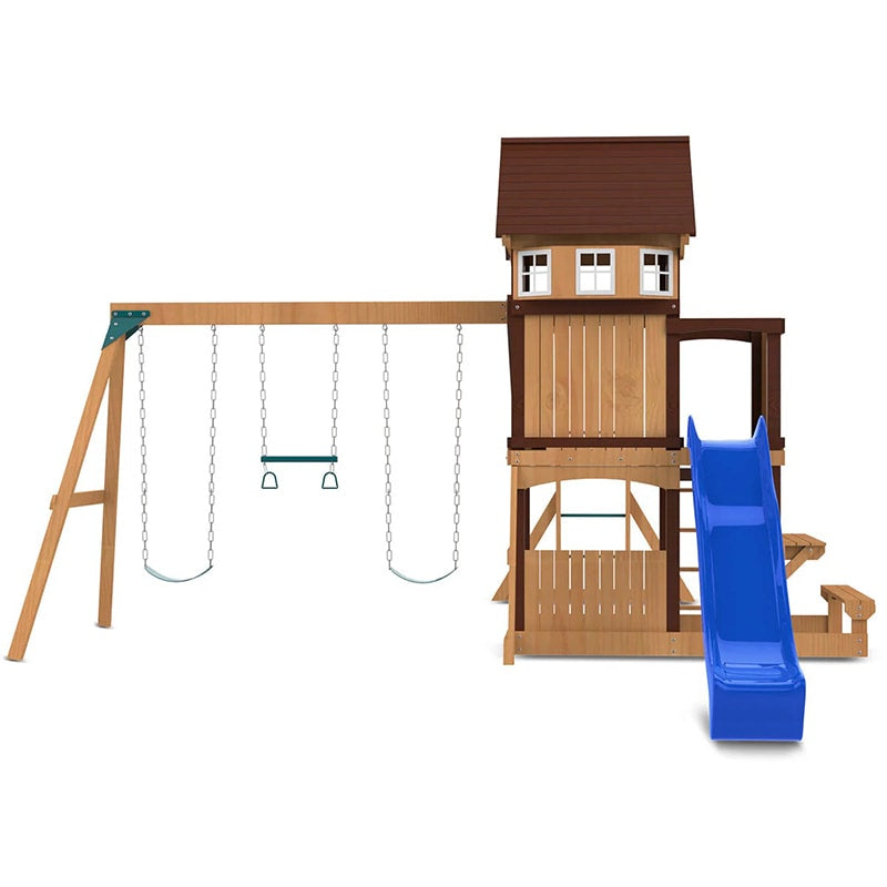 Lifespan Kids Meer Brook Play Centre with Cubby House, Triple Swing Set, Monkey Bars and Slide (Blue Slide)