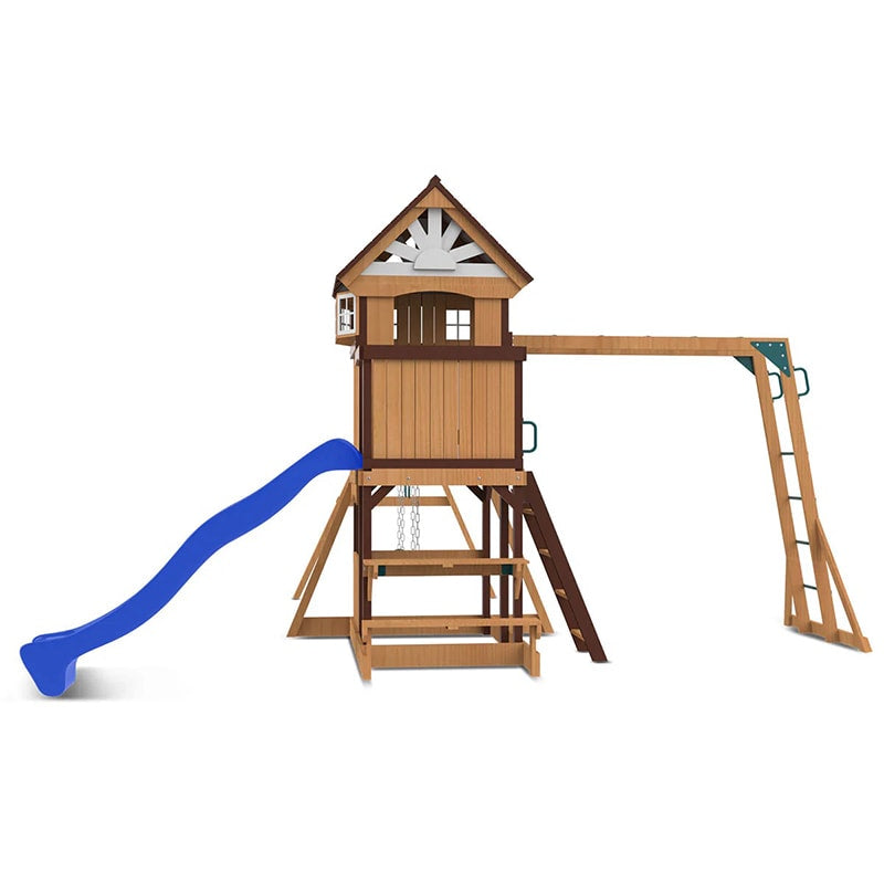 Lifespan Kids Meer Brook Play Centre with Cubby House, Triple Swing Set, Monkey Bars and Slide (Blue Slide)