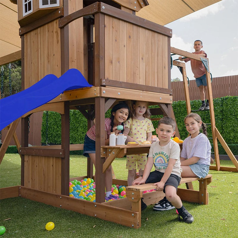 Lifespan Kids Meer Brook Play Centre with Cubby House, Triple Swing Set, Monkey Bars and Slide (Blue Slide)