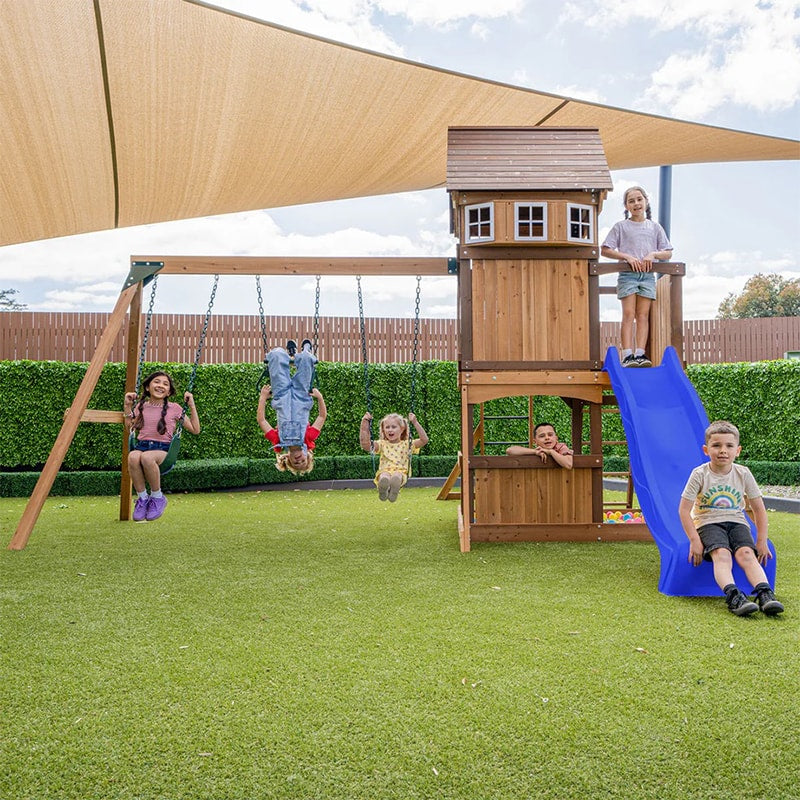 Lifespan Kids Meer Brook Play Centre with Cubby House, Triple Swing Set, Monkey Bars and Slide