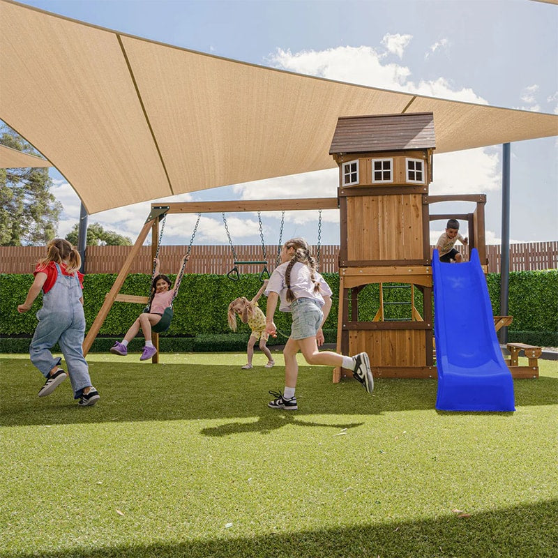 Lifespan Kids Meer Brook Play Centre with Cubby House, Triple Swing Set, Monkey Bars and Slide