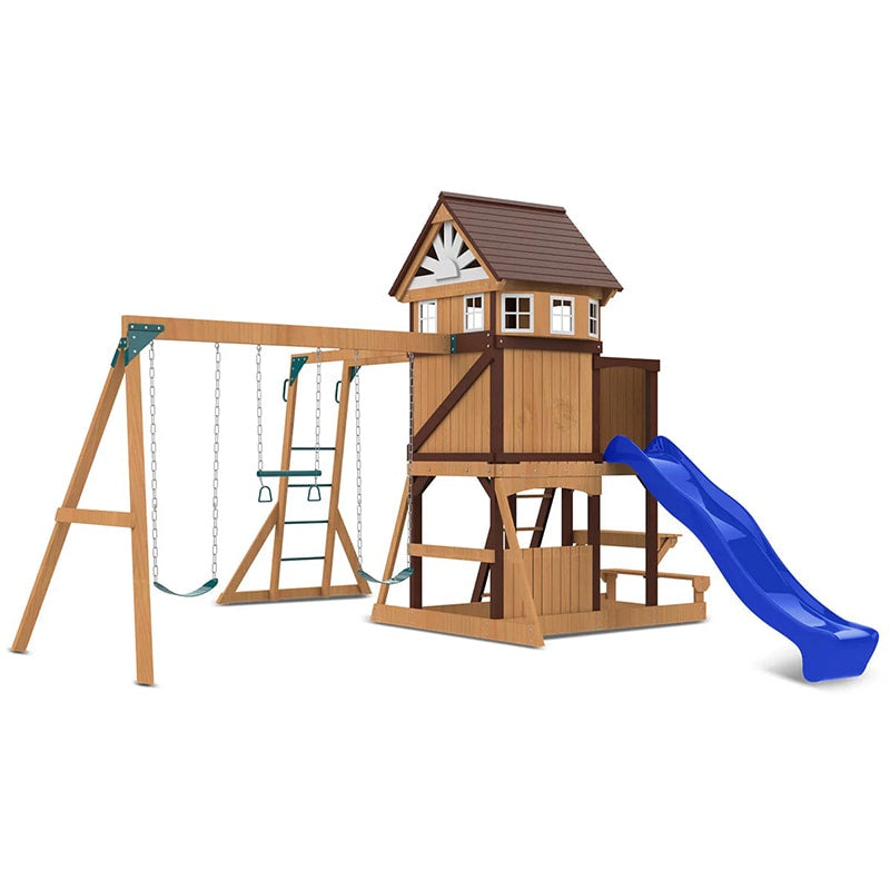 Lifespan Kids Meer Brook Play Centre with Cubby House, Triple Swing Set, Monkey Bars and Slide (Blue Slide)