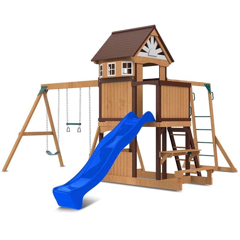 Lifespan Kids Meer Brook Play Centre with Cubby House, Triple Swing Set, Monkey Bars and Slide