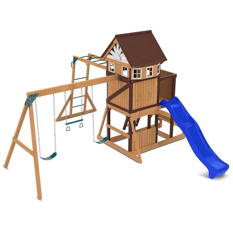 Lifespan Kids Meer Brook Play Centre with Cubby House, Triple Swing Set, Monkey Bars and Slide