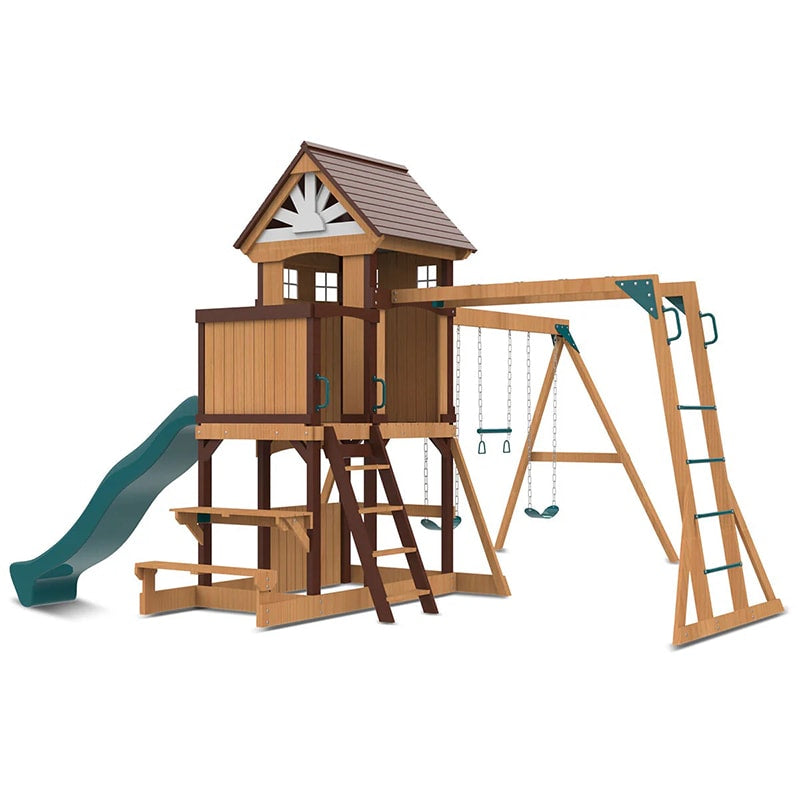 Lifespan Kids Meer Brook Play Centre with Cubby House, Triple Swing Set, Monkey Bars and Slide