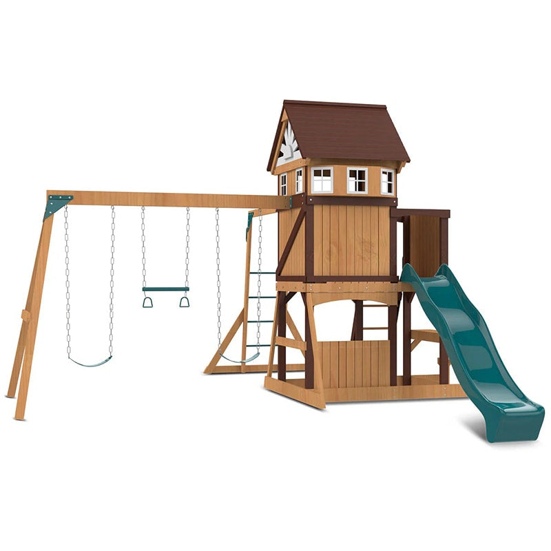 Lifespan Kids Meer Brook Play Centre with Cubby House, Triple Swing Set, Monkey Bars and Slide (Green Slide)