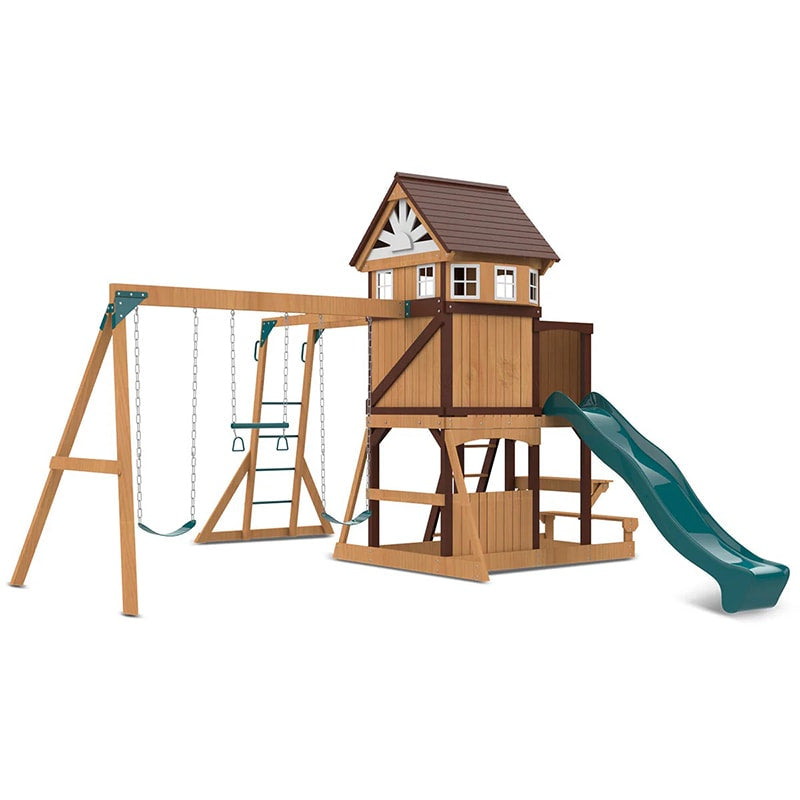 Lifespan Kids Meer Brook Play Centre with Cubby House, Triple Swing Set, Monkey Bars and Slide