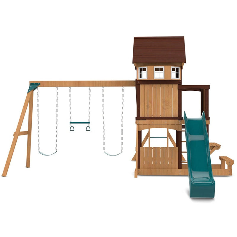 Lifespan Kids Meer Brook Play Centre with Cubby House, Triple Swing Set, Monkey Bars and Slide (Green Slide)