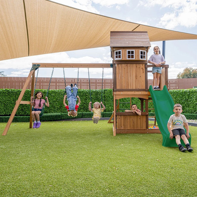 Lifespan Kids Meer Brook Play Centre with Cubby House, Triple Swing Set, Monkey Bars and Slide (Green Slide)