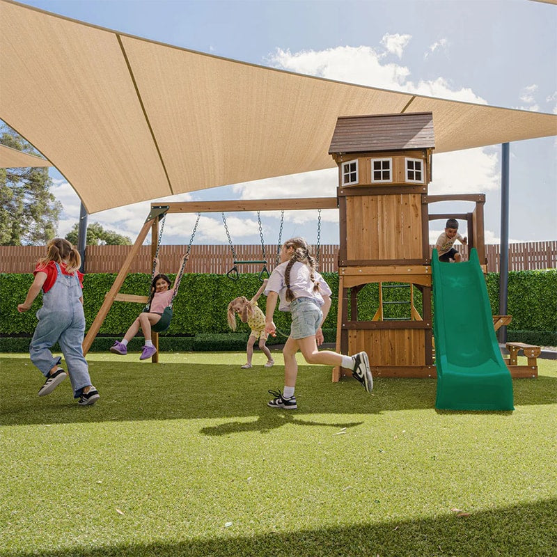 Lifespan Kids Meer Brook Play Centre with Cubby House, Triple Swing Set, Monkey Bars and Slide