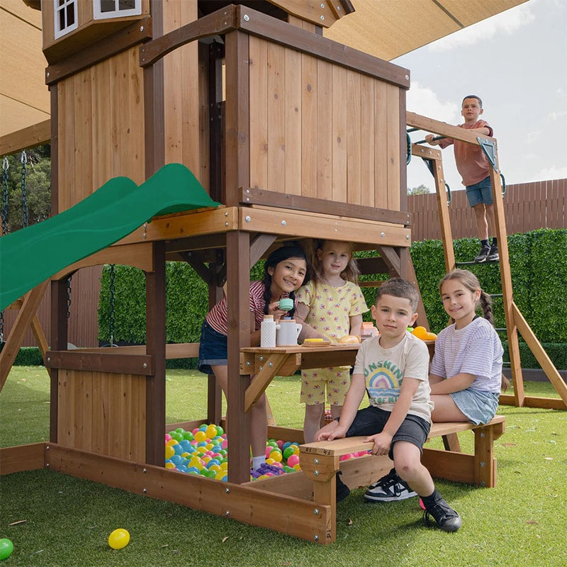 Lifespan Kids Meer Brook Play Centre with Cubby House, Triple Swing Set, Monkey Bars and Slide (Green Slide)