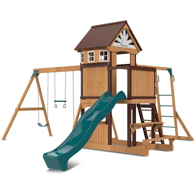 Lifespan Kids Meer Brook Play Centre with Cubby House, Triple Swing Set, Monkey Bars and Slide (Green Slide)