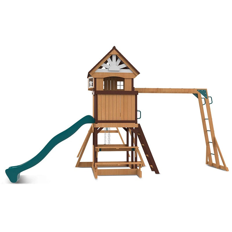 Lifespan Kids Meer Brook Play Centre with Cubby House, Triple Swing Set, Monkey Bars and Slide (Green Slide)