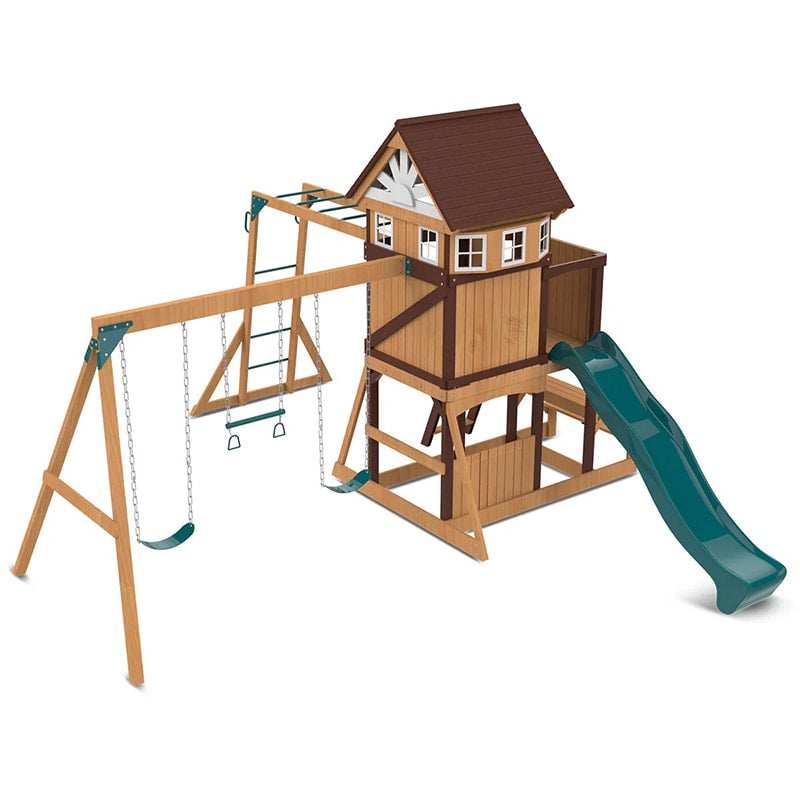 Lifespan Kids Meer Brook Play Centre with Cubby House, Triple Swing Set, Monkey Bars and Slide