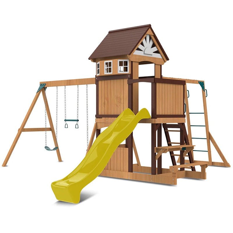 Lifespan Kids Meer Brook Play Centre with Cubby House, Triple Swing Set, Monkey Bars and Slide