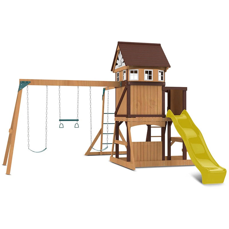 Lifespan Kids Meer Brook Play Centre with Cubby House, Triple Swing Set, Monkey Bars and Slide