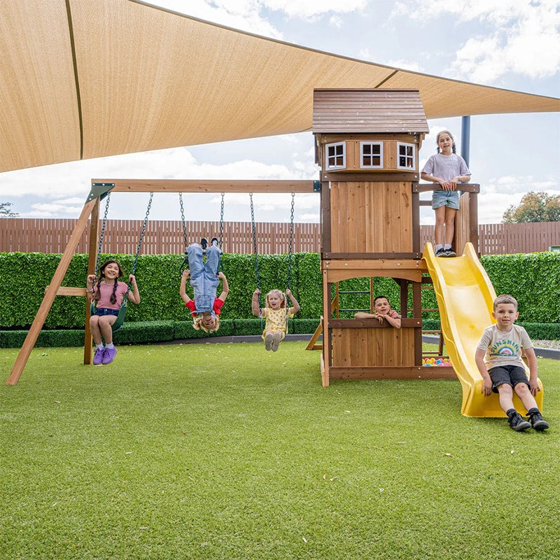 Lifespan Kids Meer Brook Play Centre with Cubby House, Triple Swing Set, Monkey Bars and Slide