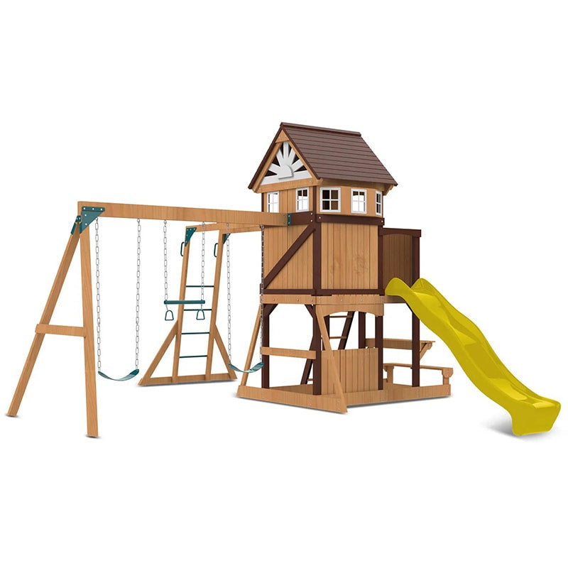 Lifespan Kids Meer Brook Play Centre with Cubby House, Triple Swing Set, Monkey Bars and Slide