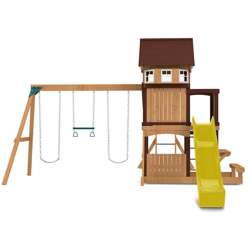 Lifespan Kids Meer Brook Play Centre with Cubby House, Triple Swing Set, Monkey Bars and Slide