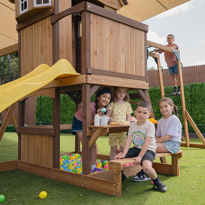 Lifespan Kids Meer Brook Play Centre with Cubby House, Triple Swing Set, Monkey Bars and Slide