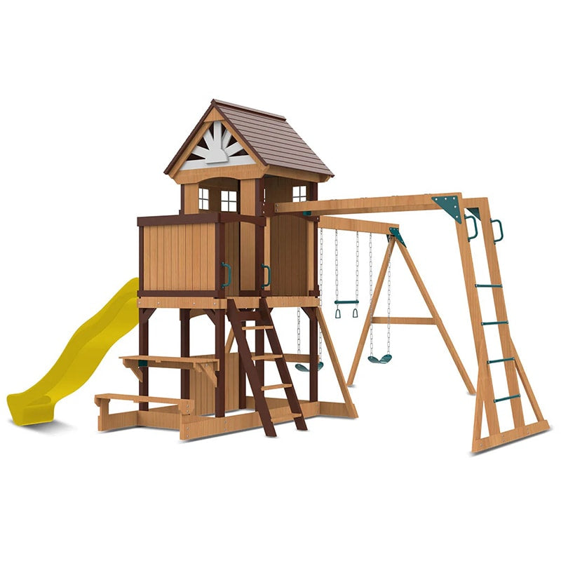 Lifespan Kids Meer Brook Play Centre with Cubby House, Triple Swing Set, Monkey Bars and Slide