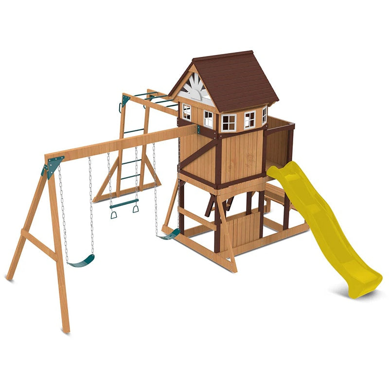 Lifespan Kids Meer Brook Play Centre with Cubby House, Triple Swing Set, Monkey Bars and Slide