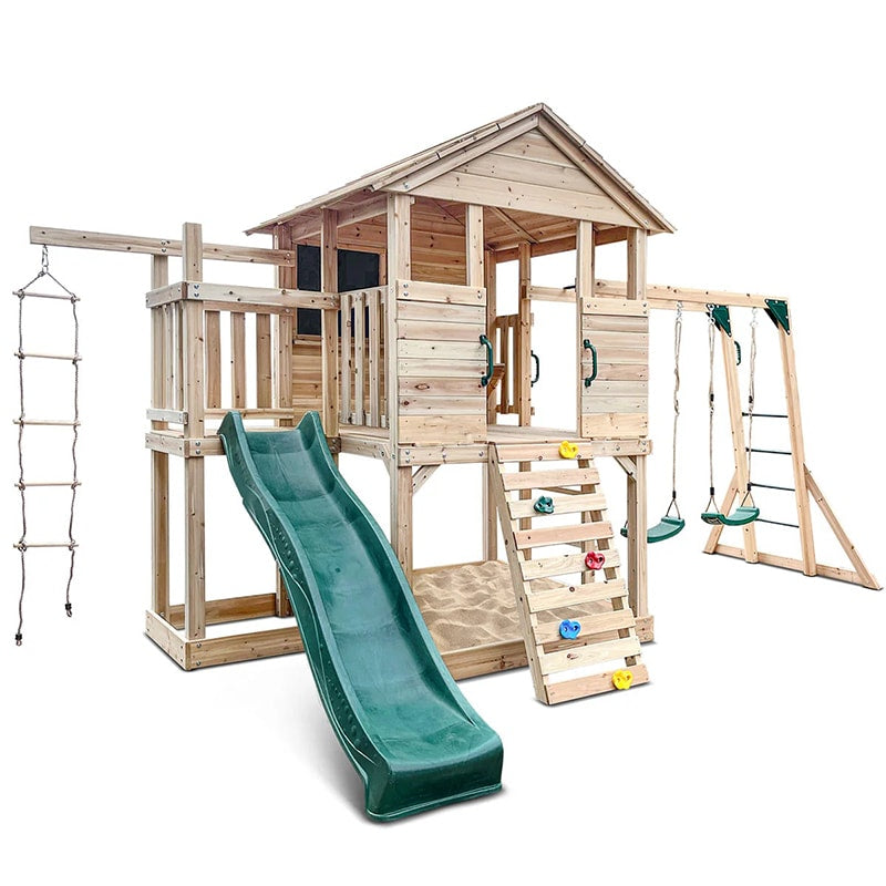 Lifespan Kids Kingston Cubby House with Slide, Double Swings, Monkey Bars and Sandpit (Green Slide)