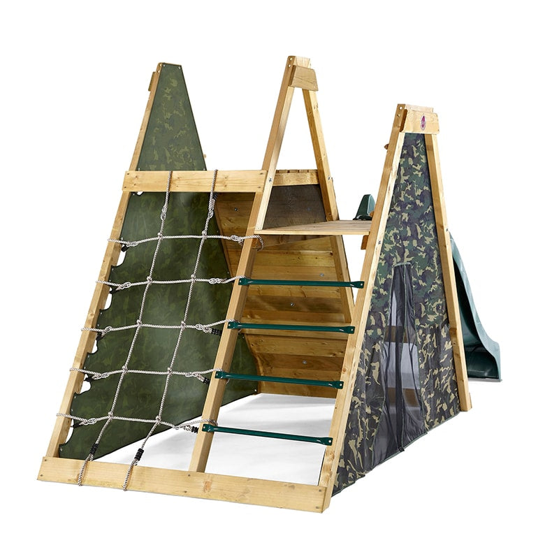 Plum Wooden Climbing Pyramid with Slide and Rock Climbing Wall