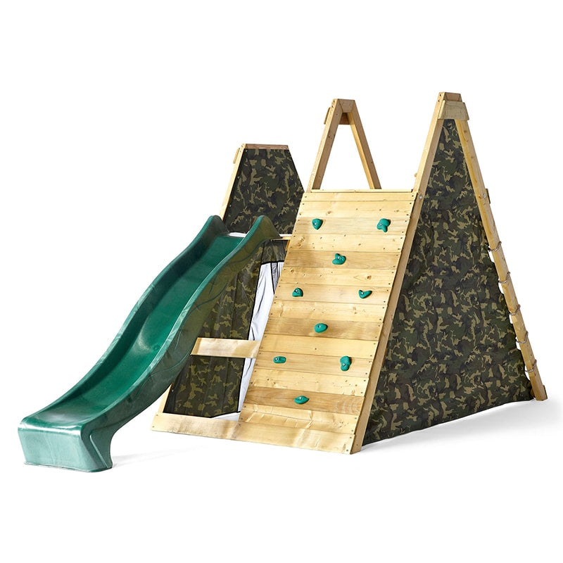 Plum Wooden Climbing Pyramid with Slide and Rock Climbing Wall