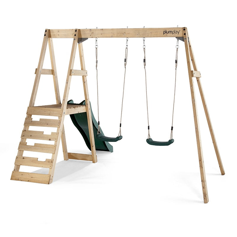 Plum Tamarin Wooden Double Swing Set With Slide