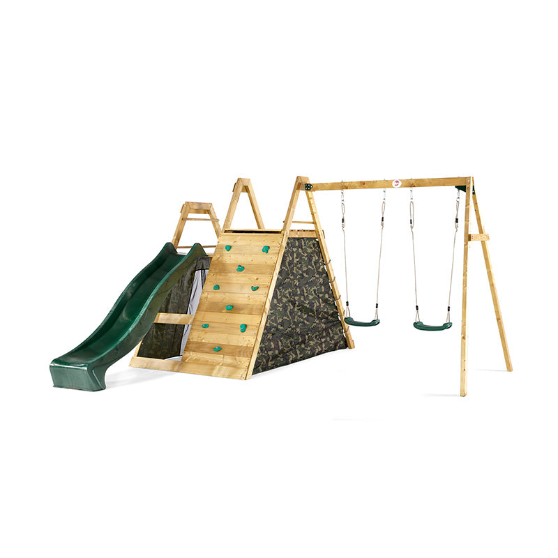 Plum Wooden Climbing Pyramid with Slide & Double Swing Set