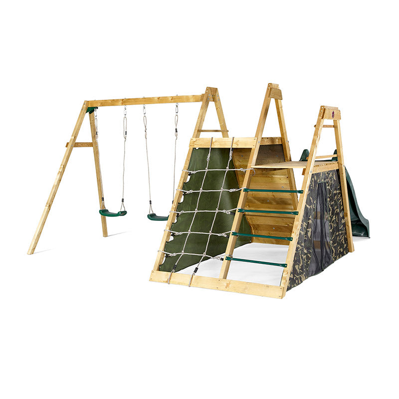 Plum Wooden Climbing Pyramid with Slide & Double Swing Set