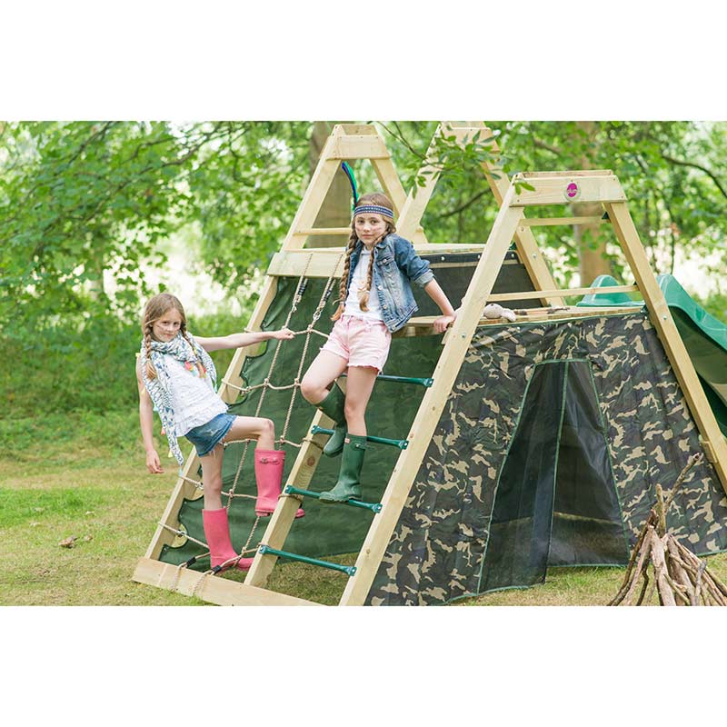 Plum Wooden Climbing Pyramid with Slide & Double Swing Set